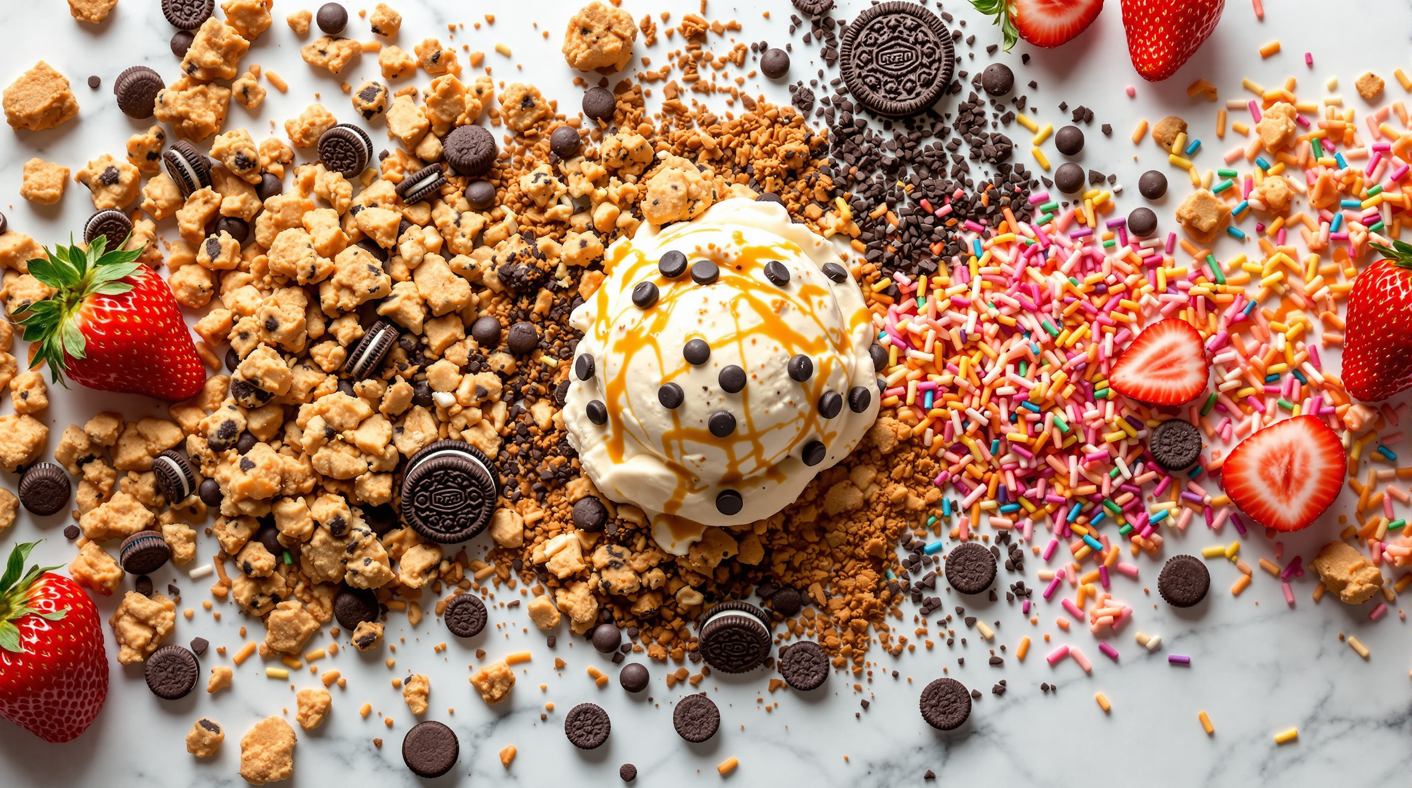 Overhead flat lay of premium ice cream mix-ins — cookie dough chunks, Oreo pieces, caramel swirls, rainbow sprinkles