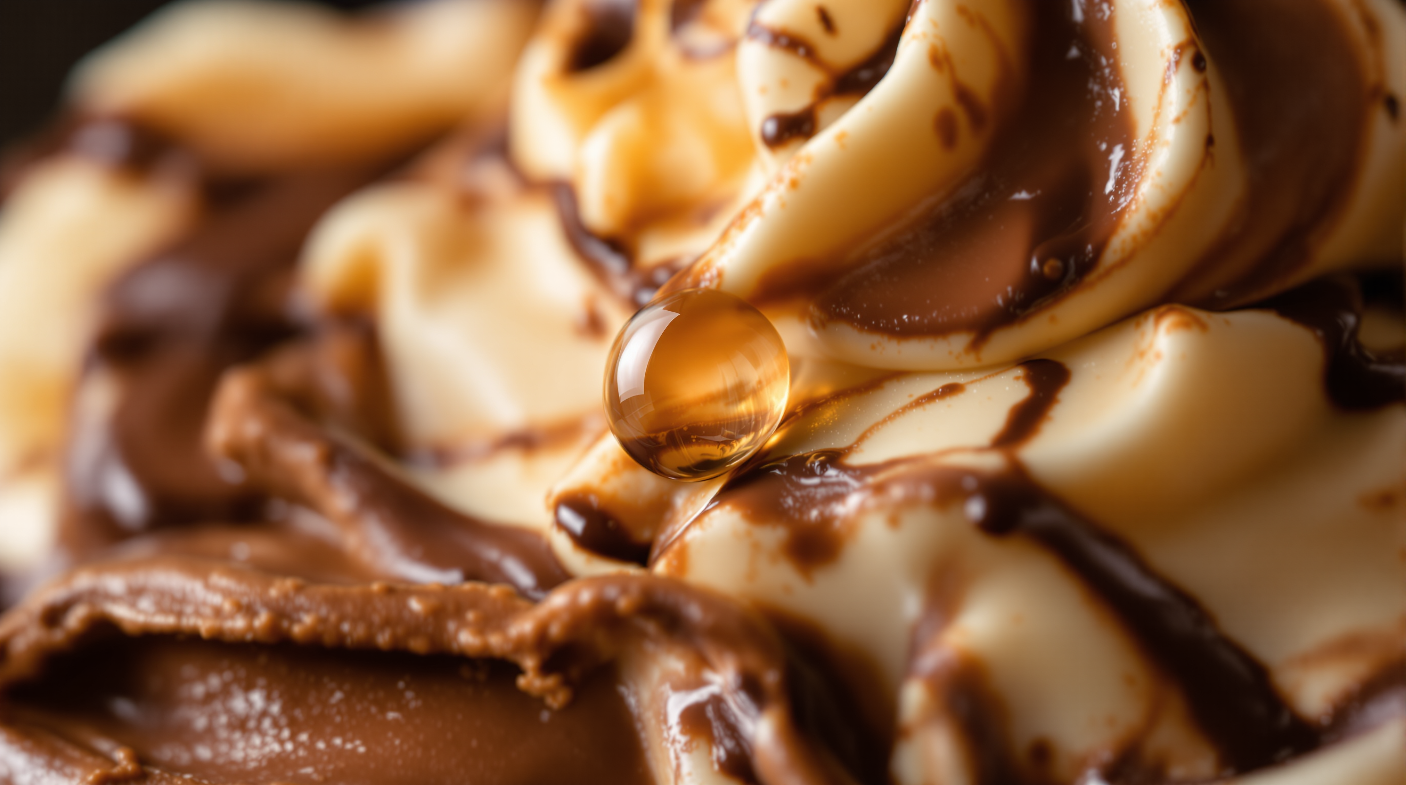 Extreme macro close-up of creamy chocolate vanilla swirl ice cream mid-scoop