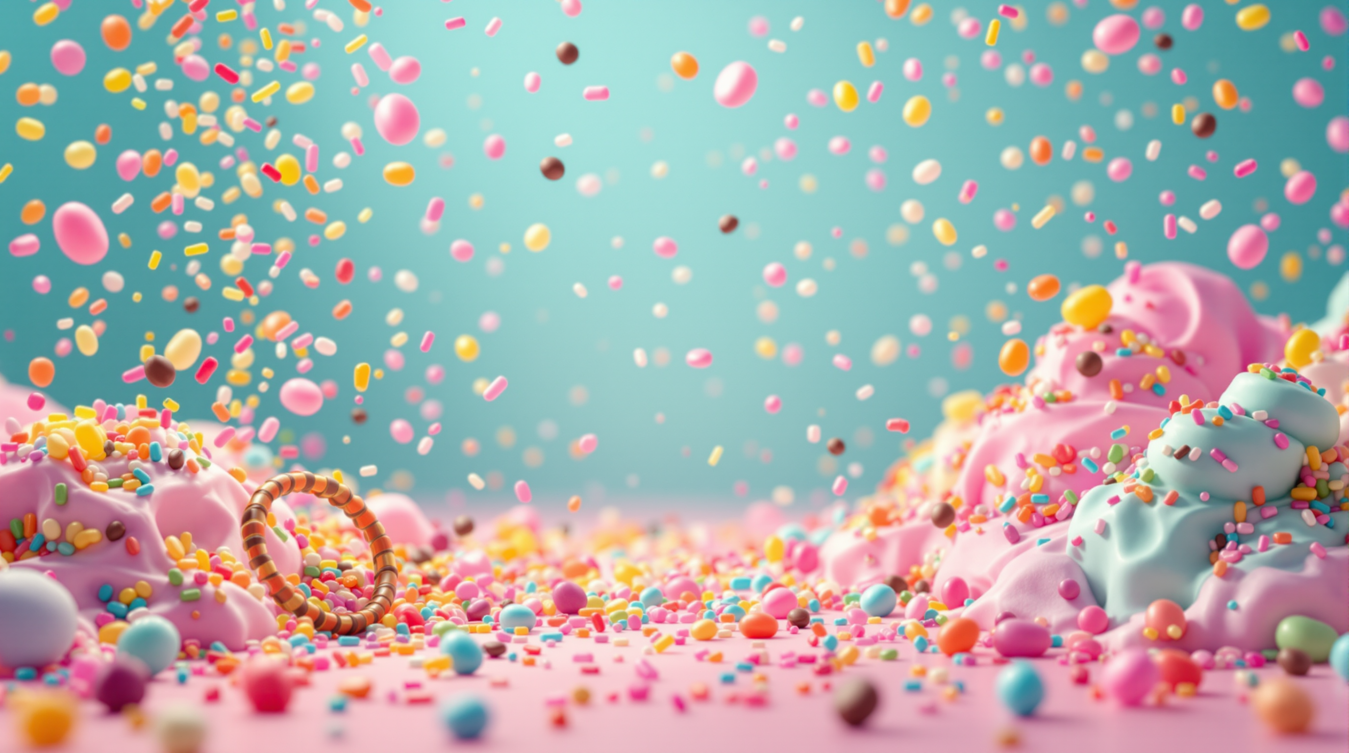 Cinematic dessert wonderland — cascading sprinkles, chocolate chips, jelly beans, gummy bears in soft pastel light