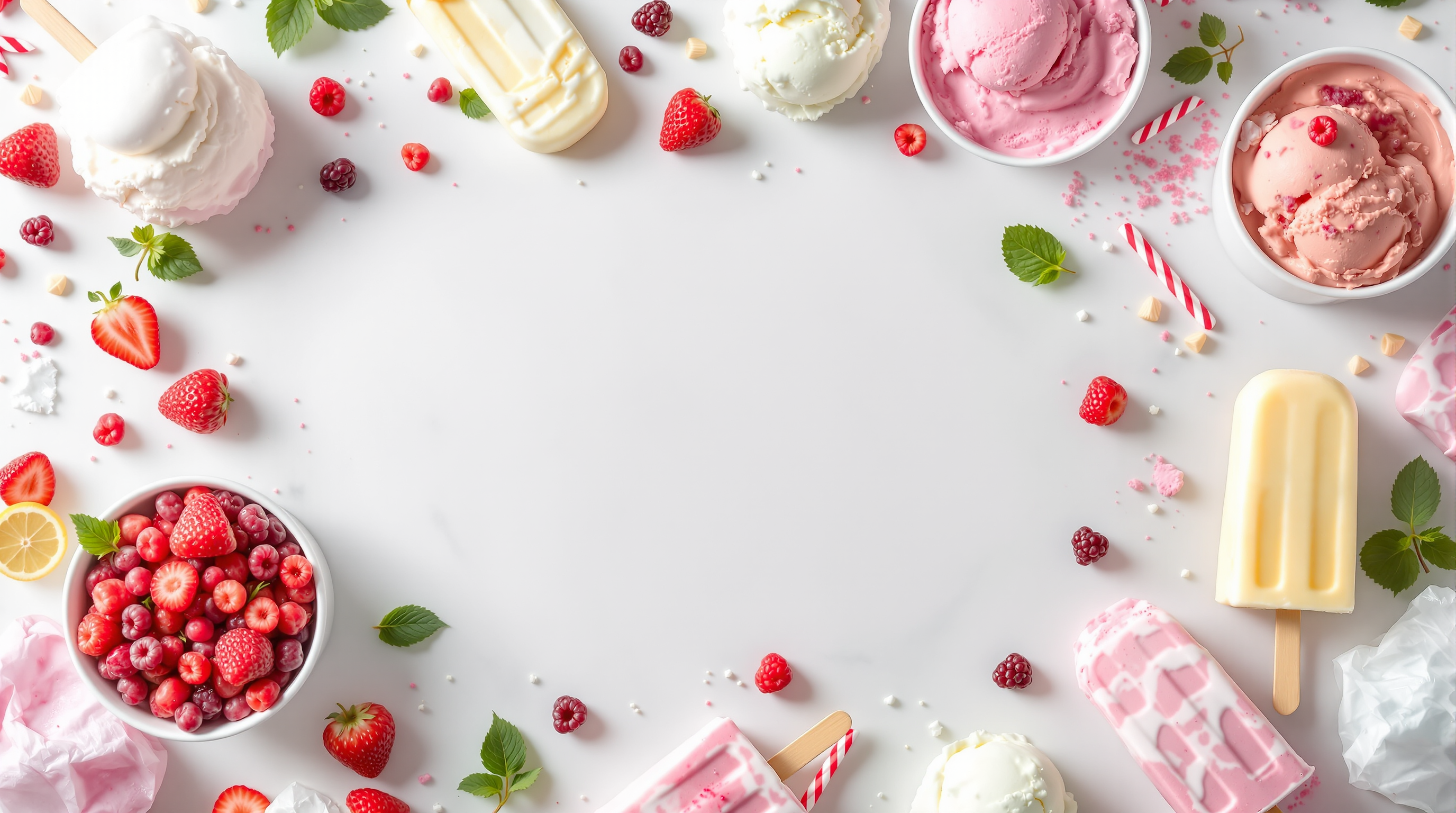 Overhead flat lay of pastel ice cream pint lids and frozen treats with fresh berries