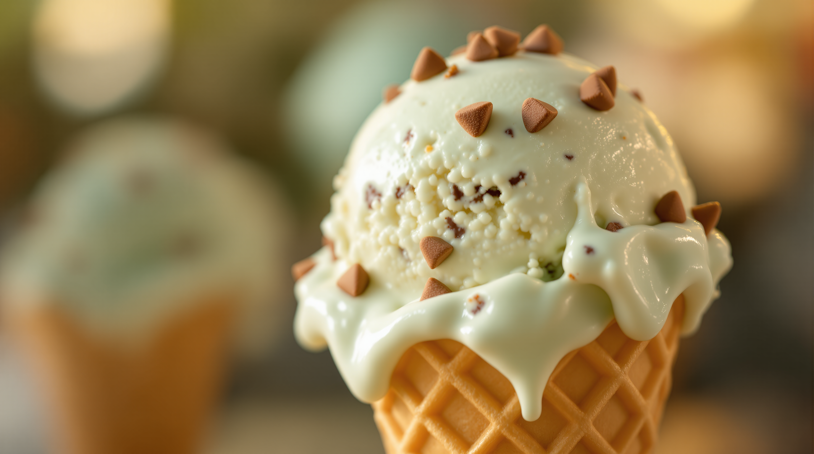 Macro close-up of a single scoop of pastel mint chip ice cream slowly melting on a fresh waffle cone
