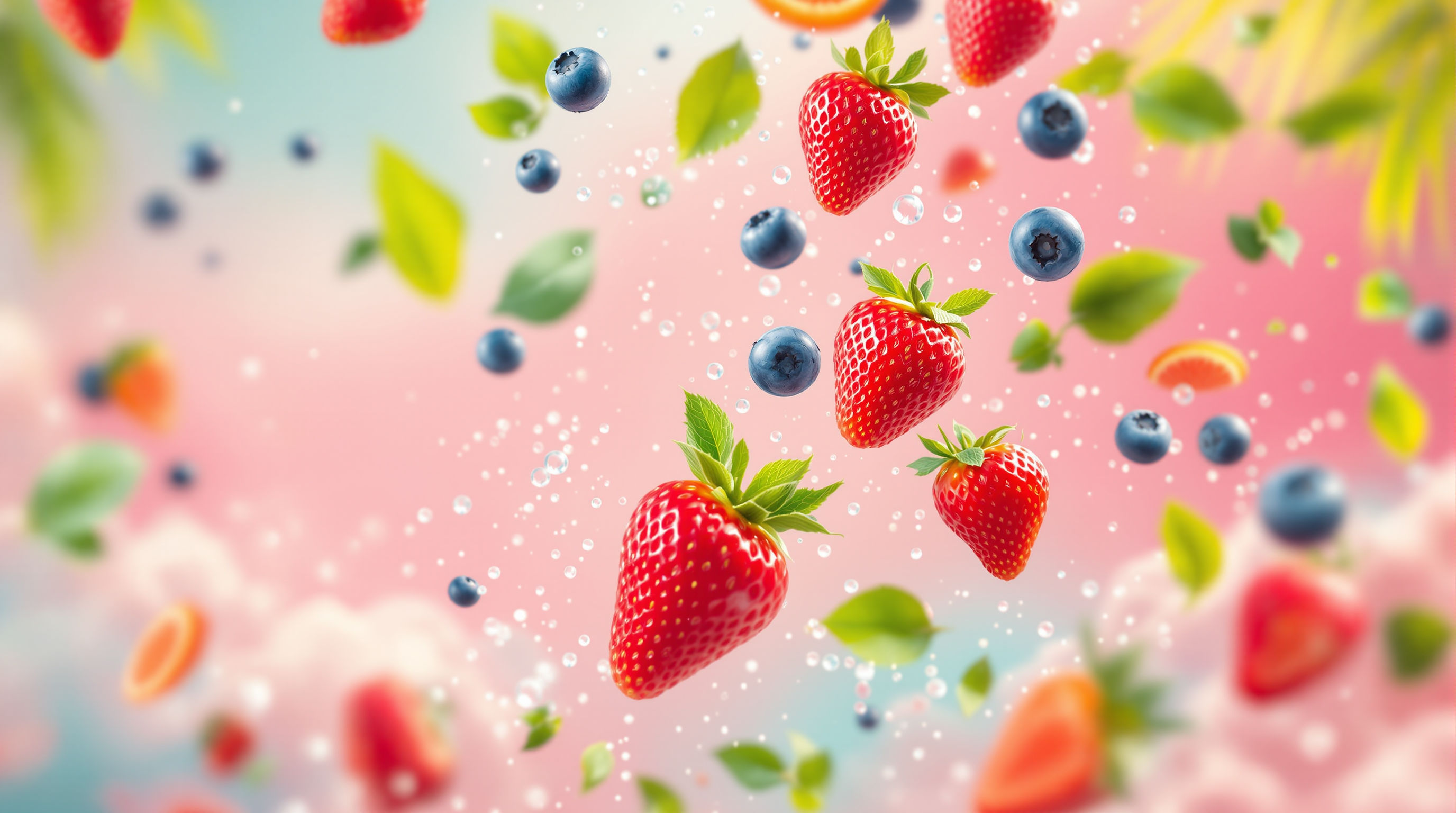 Wide shot of fresh tropical fruit cascading mid-air against a soft pastel background